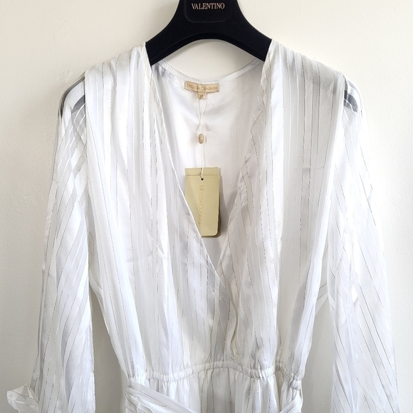 New Melissa Odabash Pearl White Look 9 Gold Striped Faux Wrap Midi Dress NWT - Picture 6 of 12